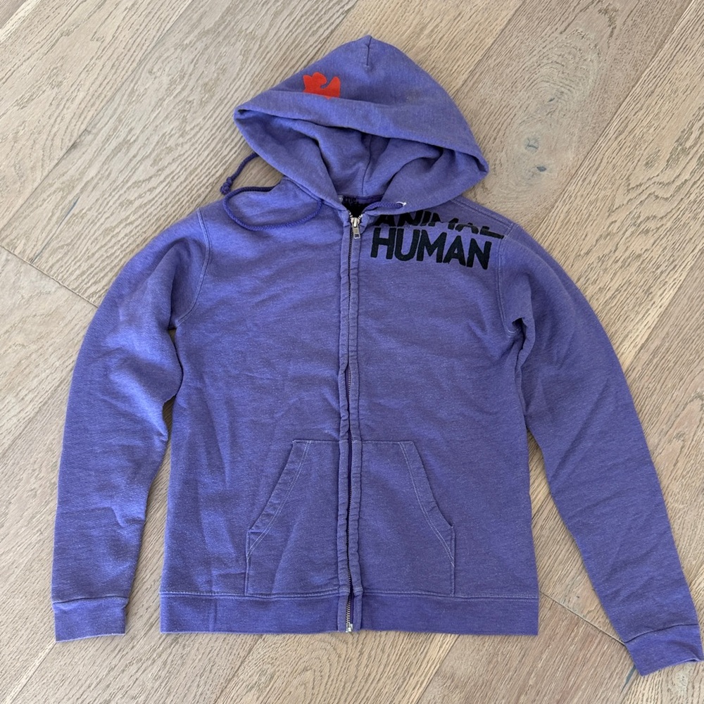 freecity Purple Zip-Up Hoodie with Black HUMAN Print and Red Heart